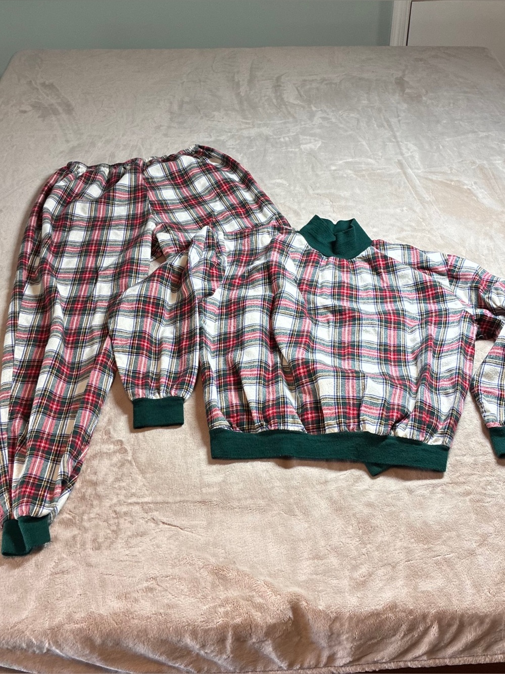 Vintage 90s LL Bean x Lanz Ecru Stewart Plaid Flannel Pajama Set Women's LG USA